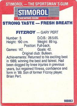 1990 AFL Scanlens Stimorol #63 Gary Pert Back
